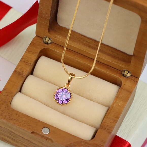 "Rose Gold Pendant with Round Purple Stone and Beaded Frame Accent, XPPT1608 - Picture 7 of 12